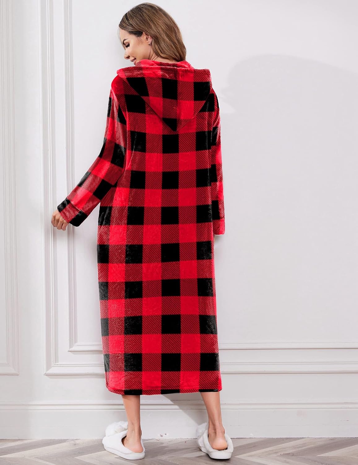 Back view: hooded zip-front fleece robe, red and black plaid, long length