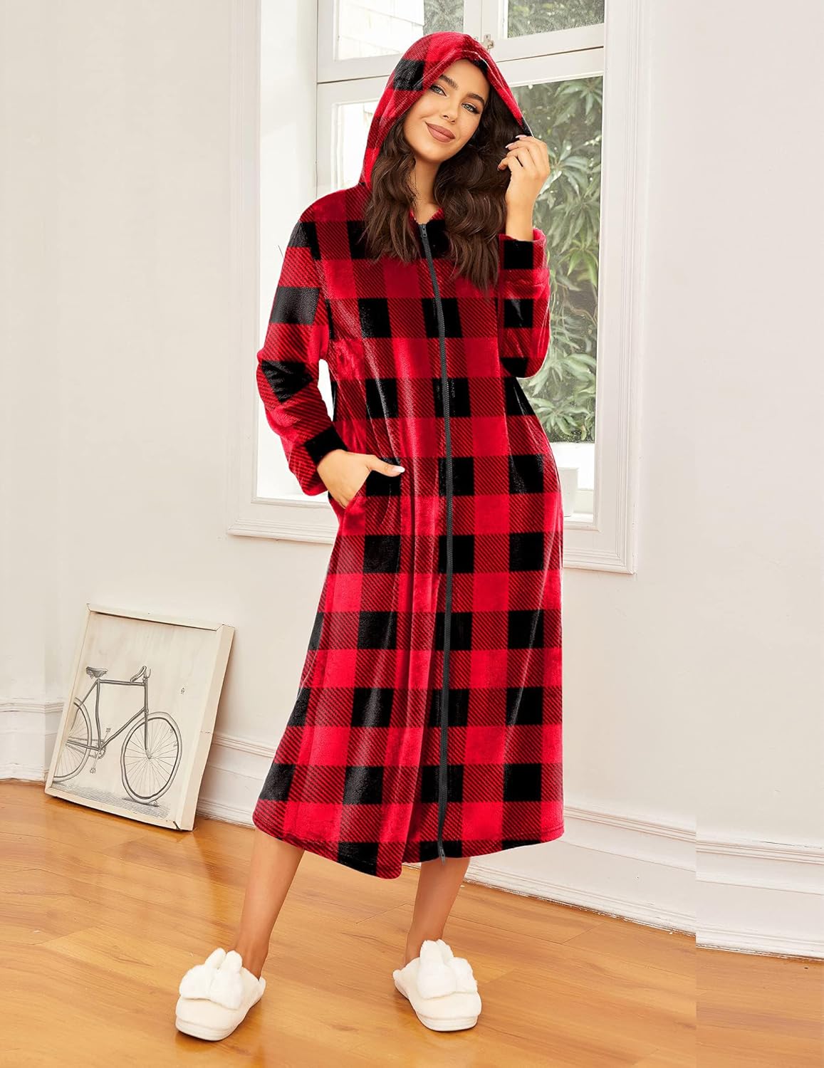 Hooded zip-front fleece robe, long, red and black plaid