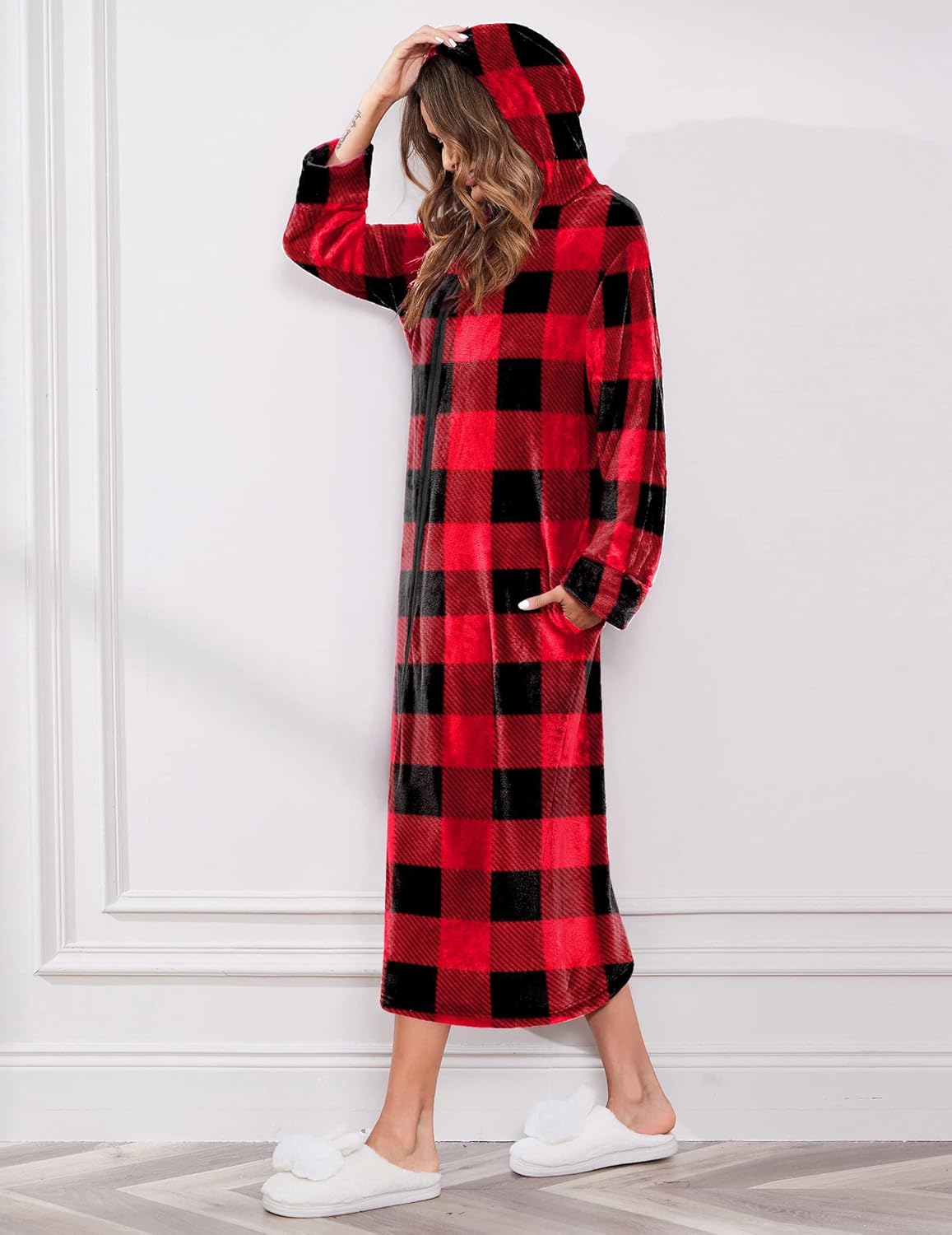 Long hooded fleece robe, red and black plaid, with hood up
