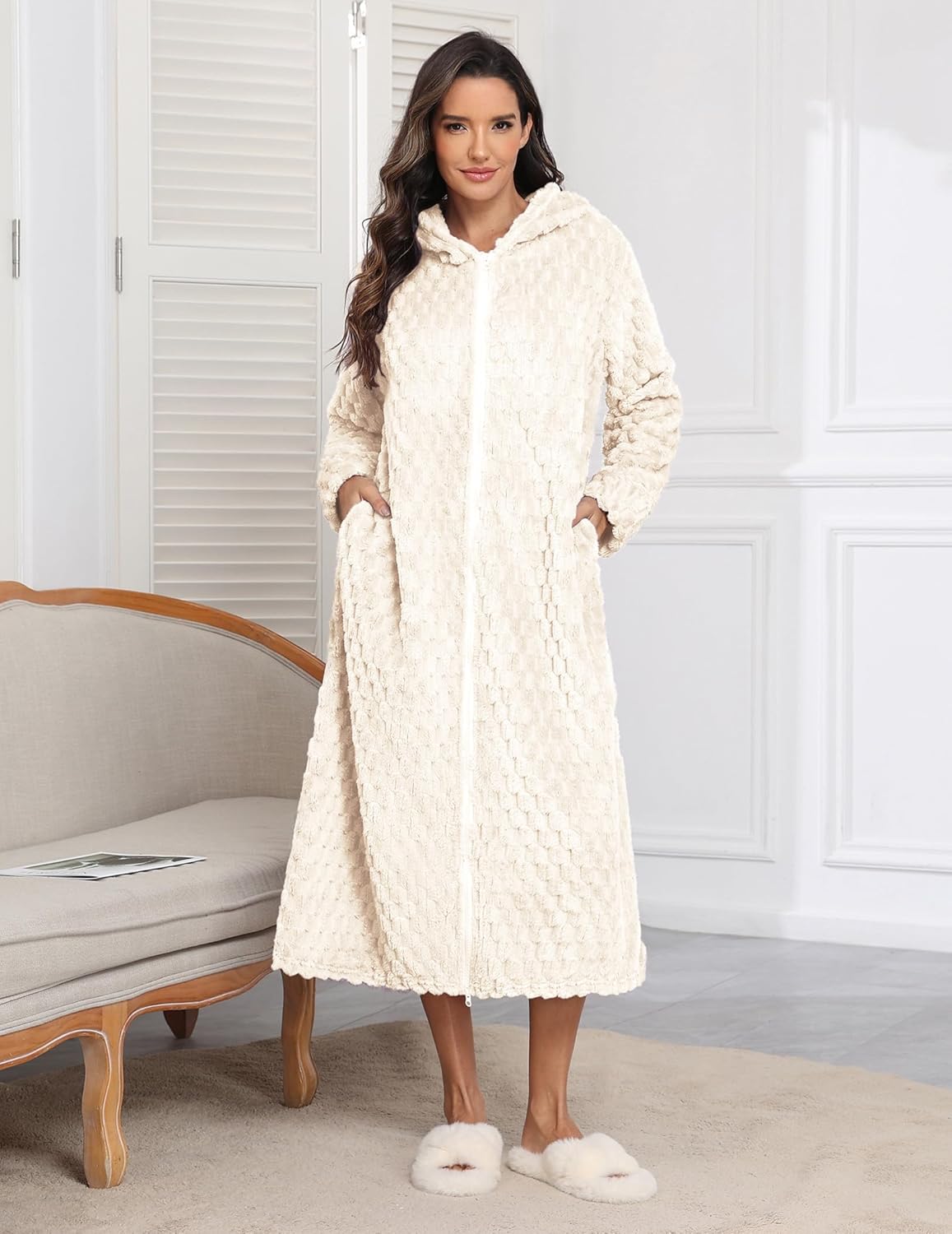 Long hooded plush robe, zip-front, white textured fleece