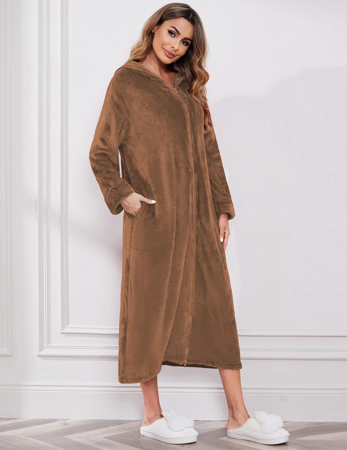 Fleece bathrobe with hood, zip-front, long length in tan/brown
