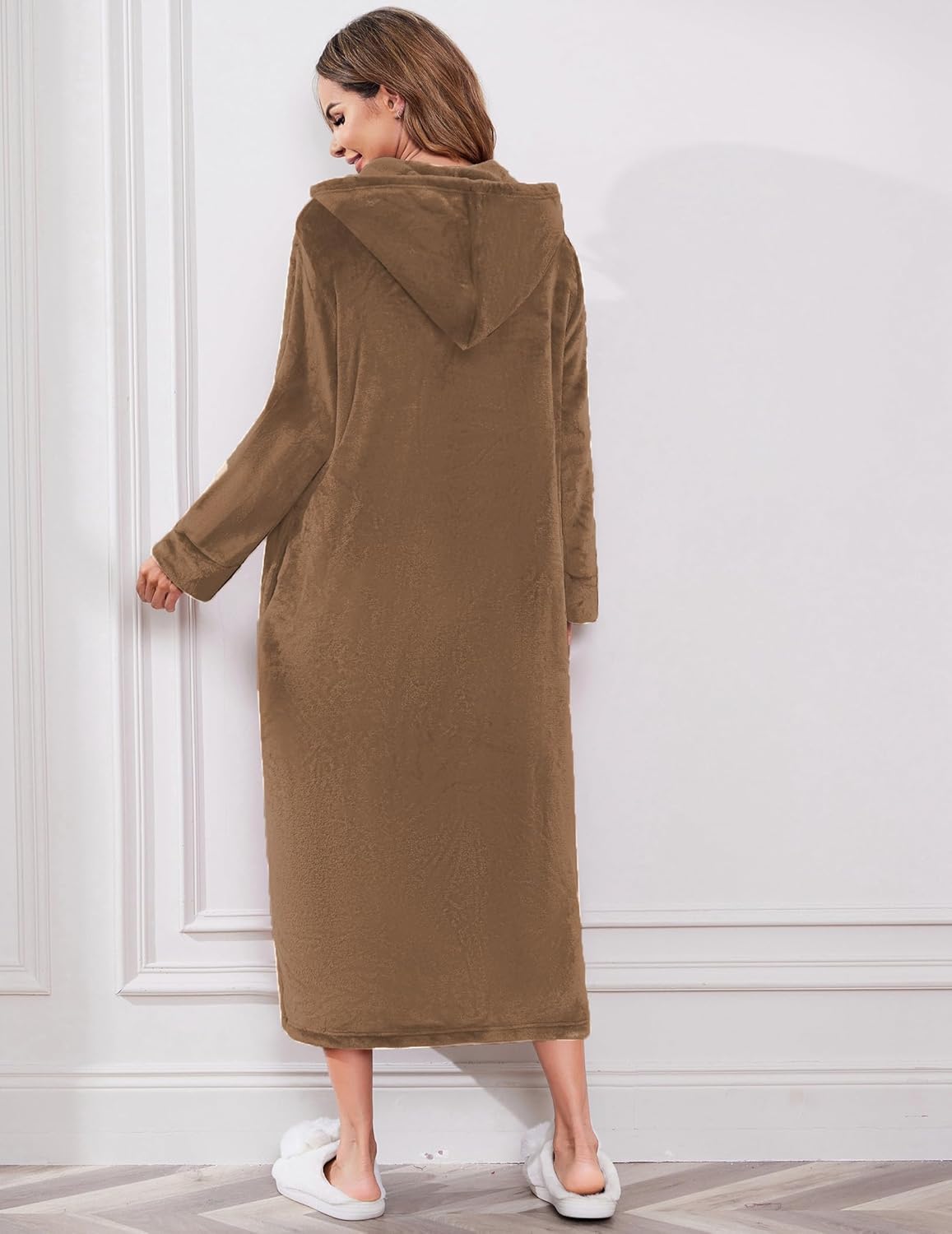 Long hooded fleece robe, zip-front, tan/brown, back view