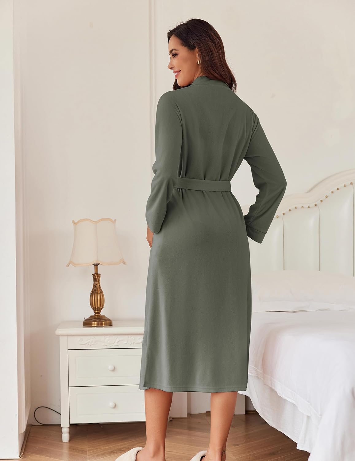 Dark grey-lapel robe back view with belt tie at waist; long sleeves and mid-calf hem