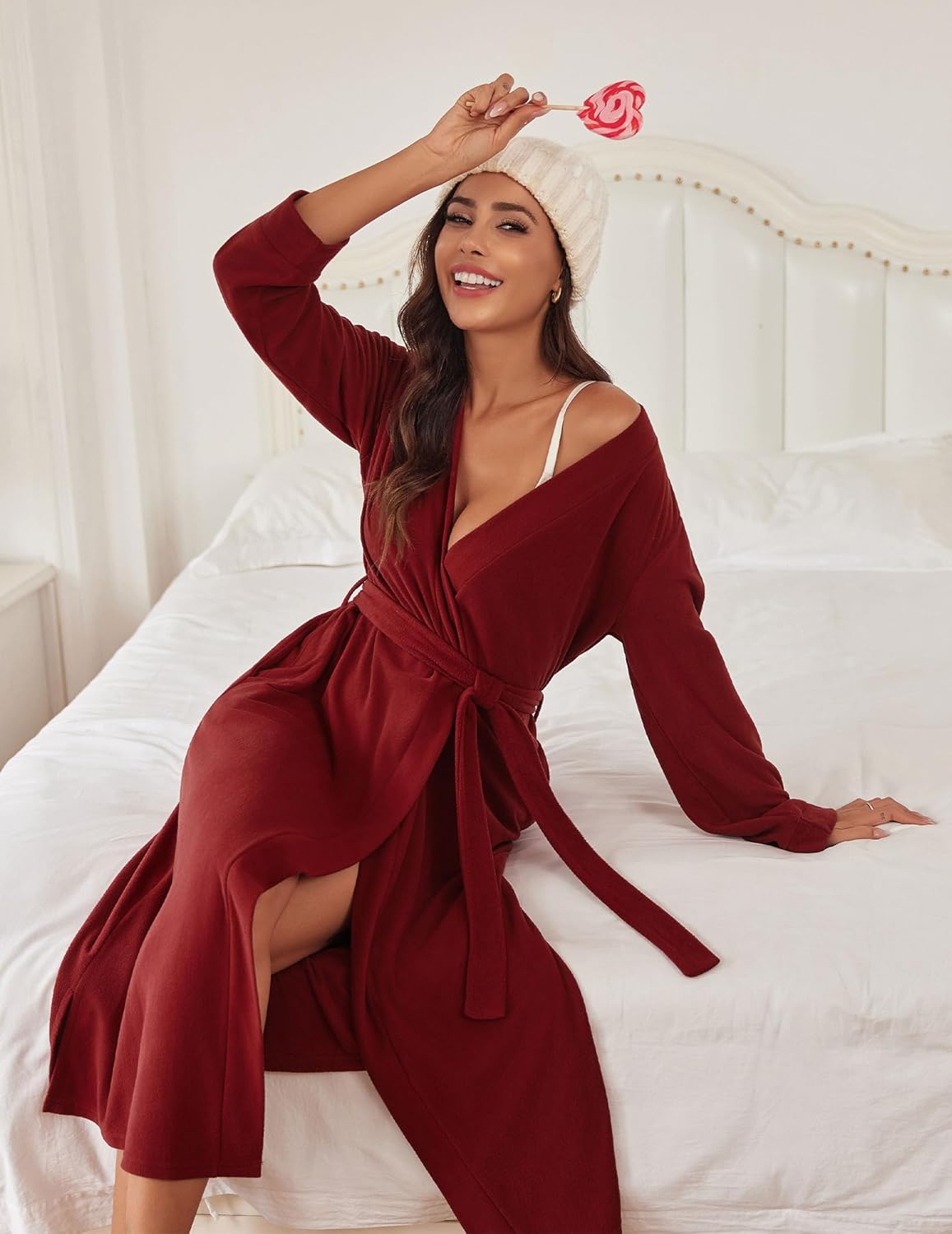 Wine red plush bathrobe with tie waist, long sleeves, V-neck and shawl collar