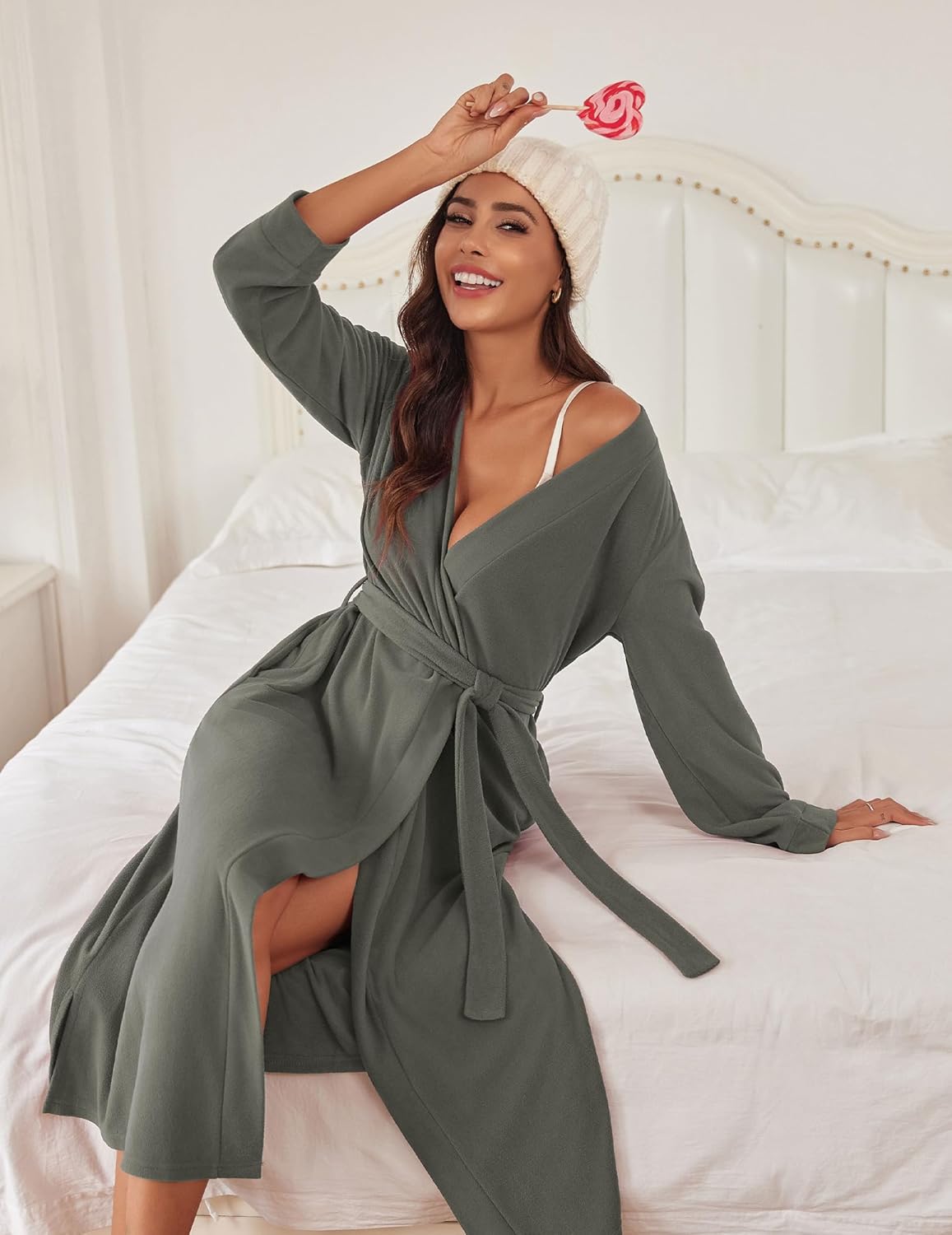 Fleece bathrobe with tie waist and deep V-neck, long sleeves, front pockets—dark gray