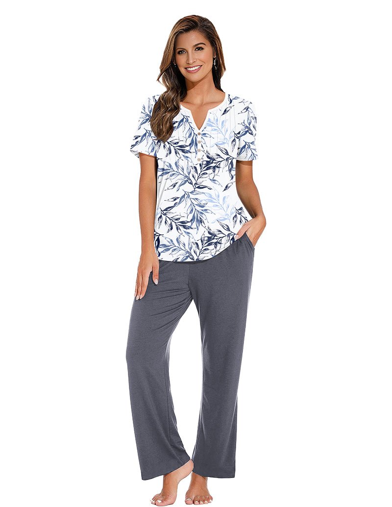 Loungewear set with blue leafy print henley-style top and gray wide-leg pants
