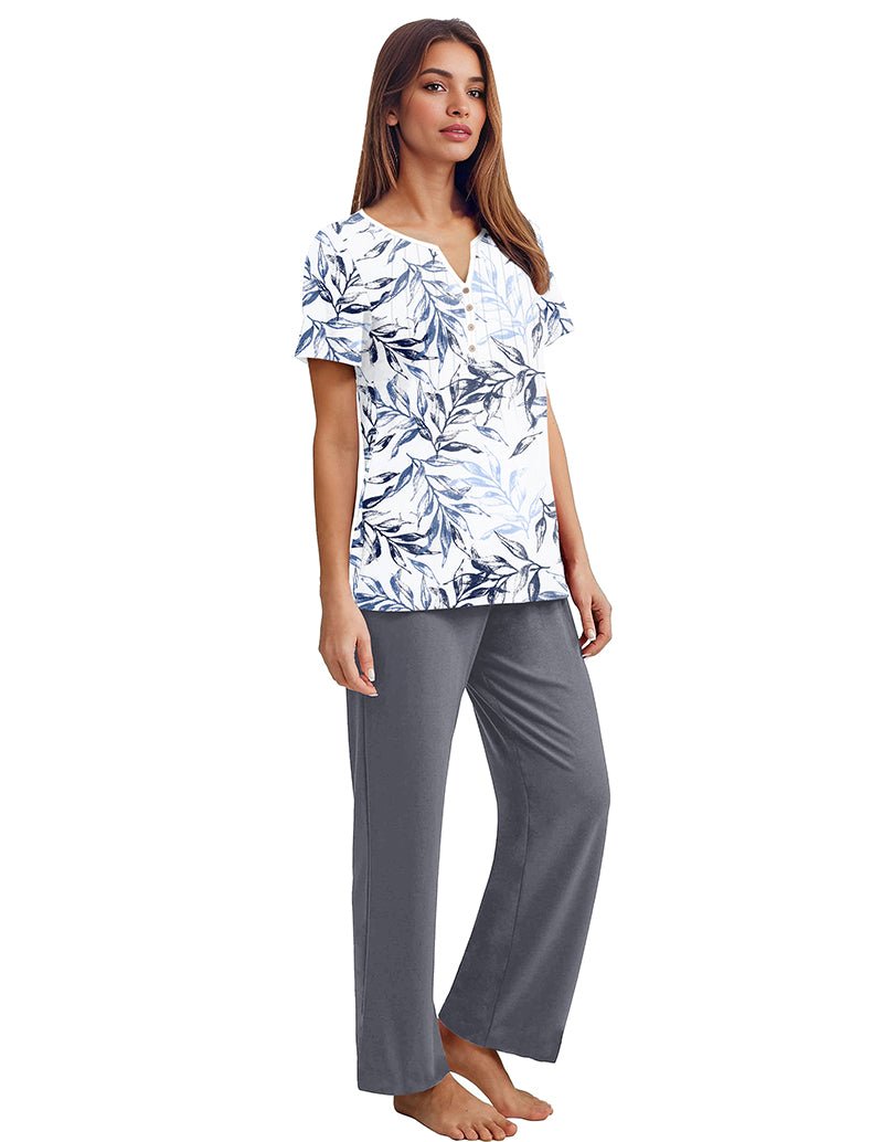 Loungewear set with blue leafy print top and gray wide-leg pants, side view