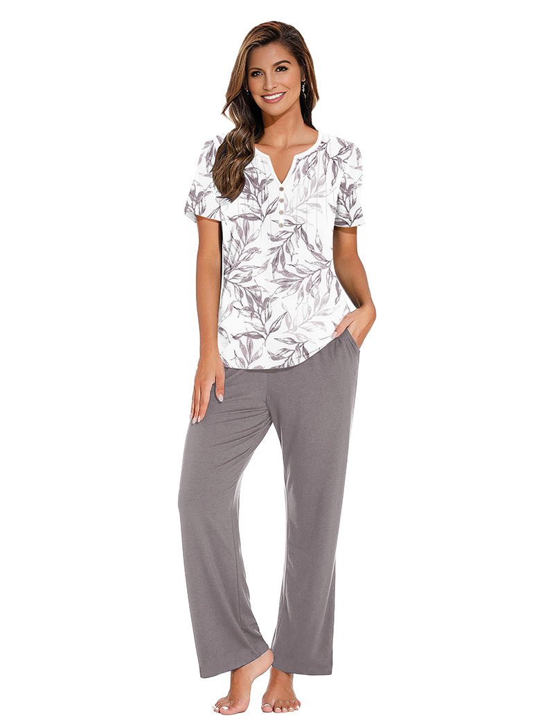 Loungewear set with blue leafy print top and gray wide-leg pants, full-length front
