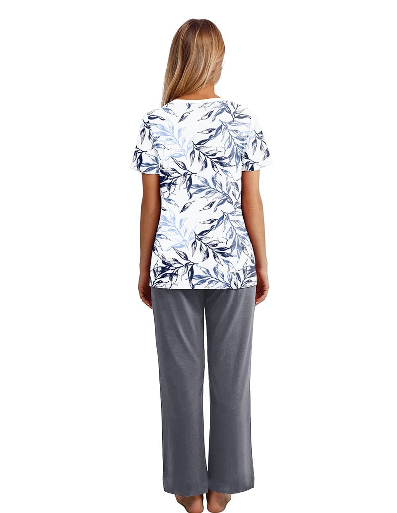 Loungewear set with blue leafy print back top and gray wide-leg pants, rear view