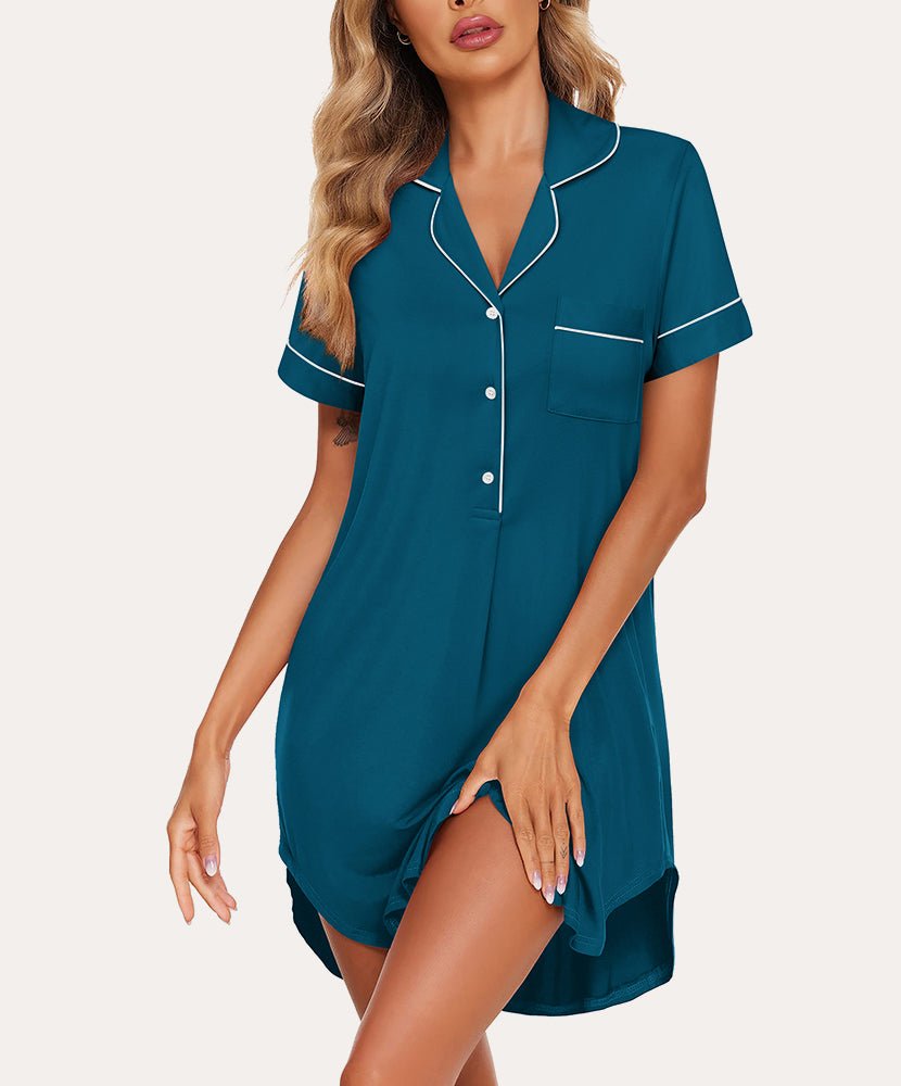 Teal button-down nightshirt with short sleeves, pointed collar, and front pocket