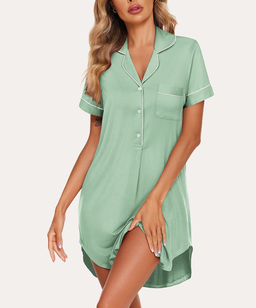 Green button-down nightshirt with short sleeves, pointed collar, and front pocket