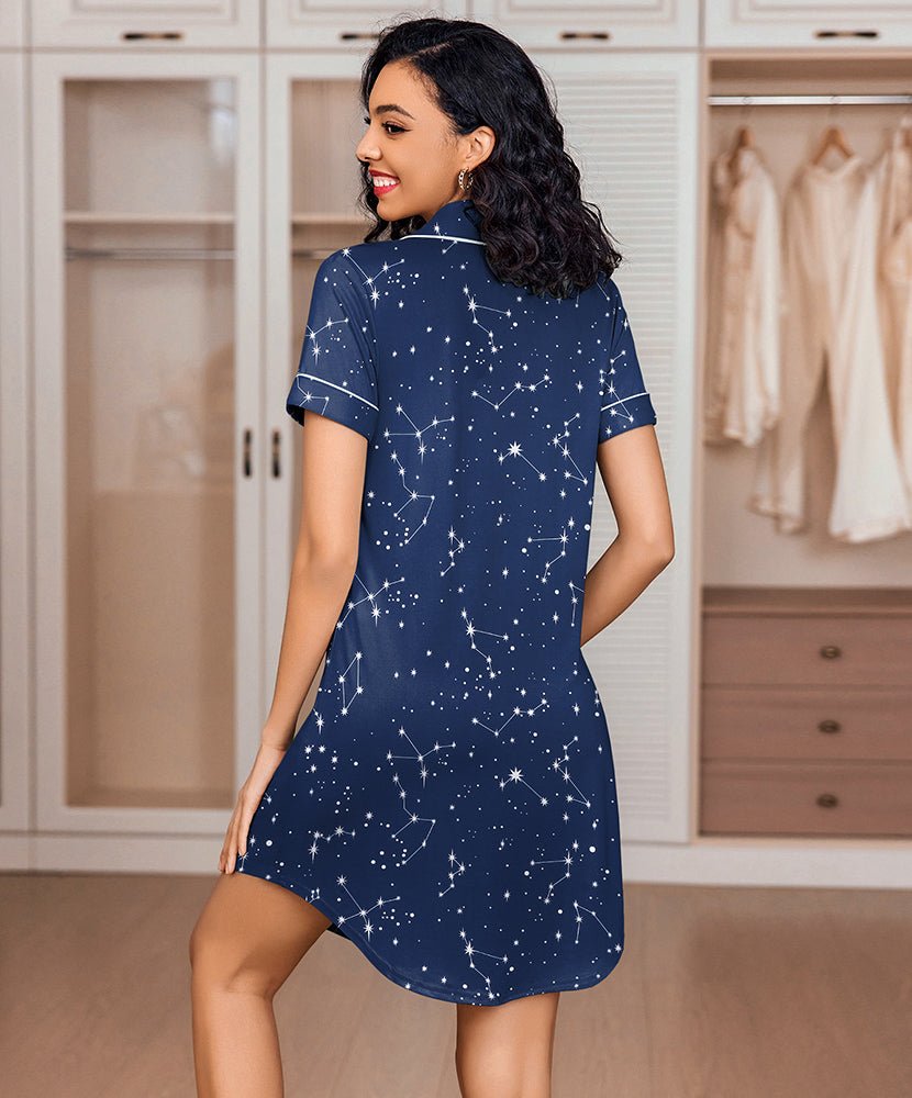 Button-down nightshirt in navy with white constellation print, short sleeves, front buttons.
