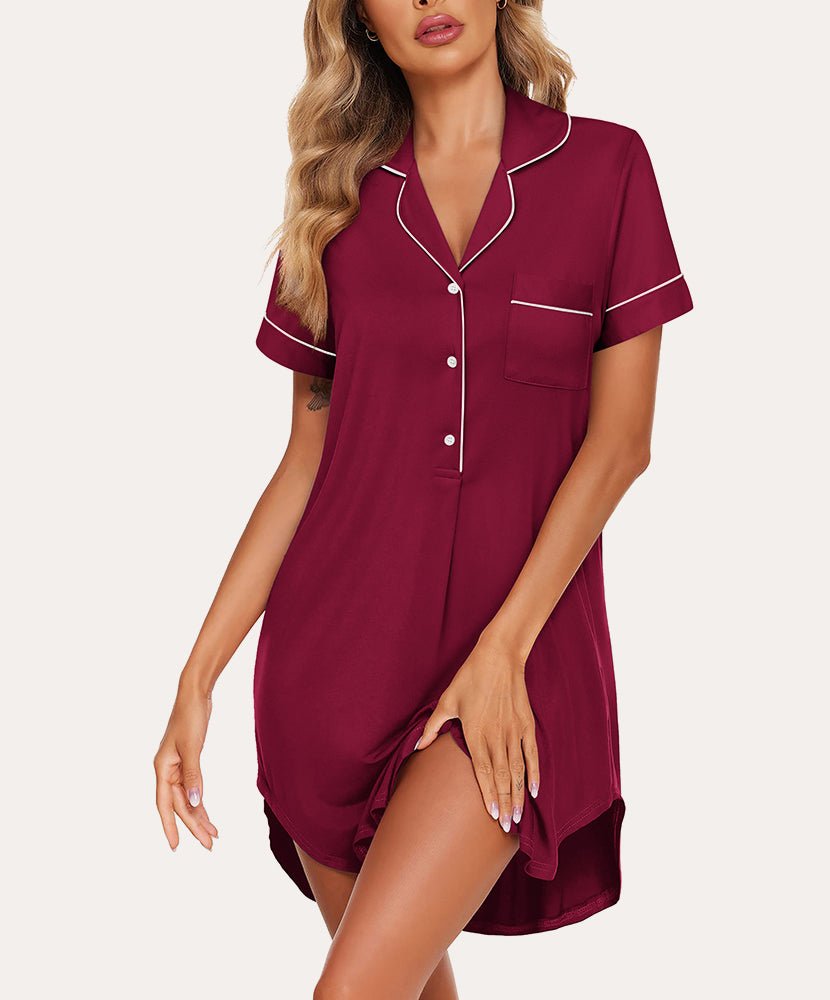 Wine red button-down nightshirt with short sleeves, pointed collar, and front pocket