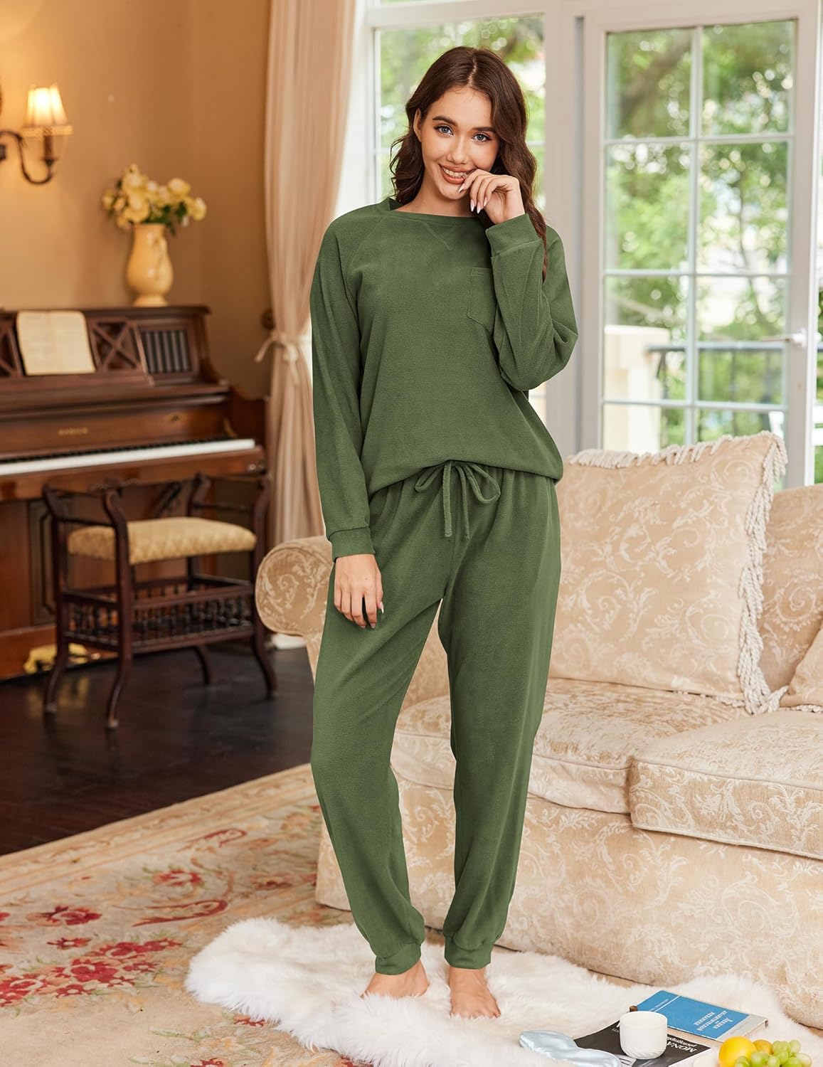 Green fuzzy fleece pajama set: long-sleeve crew top and soft jogger pants
