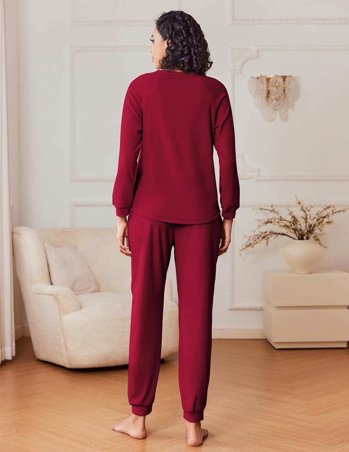 Burgundy fuzzy fleece pajama set, long sleeves and jogger pants, back view