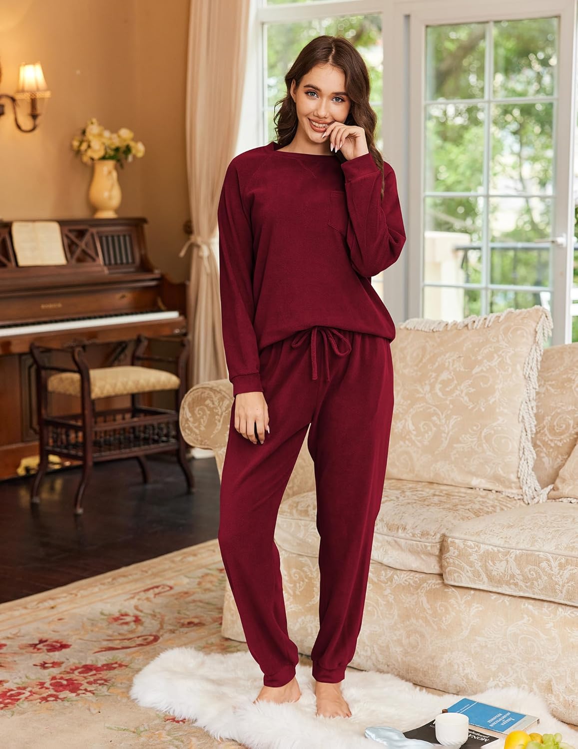 Burgundy fuzzy fleece pajama set, long-sleeve top and drawstring joggers, front view