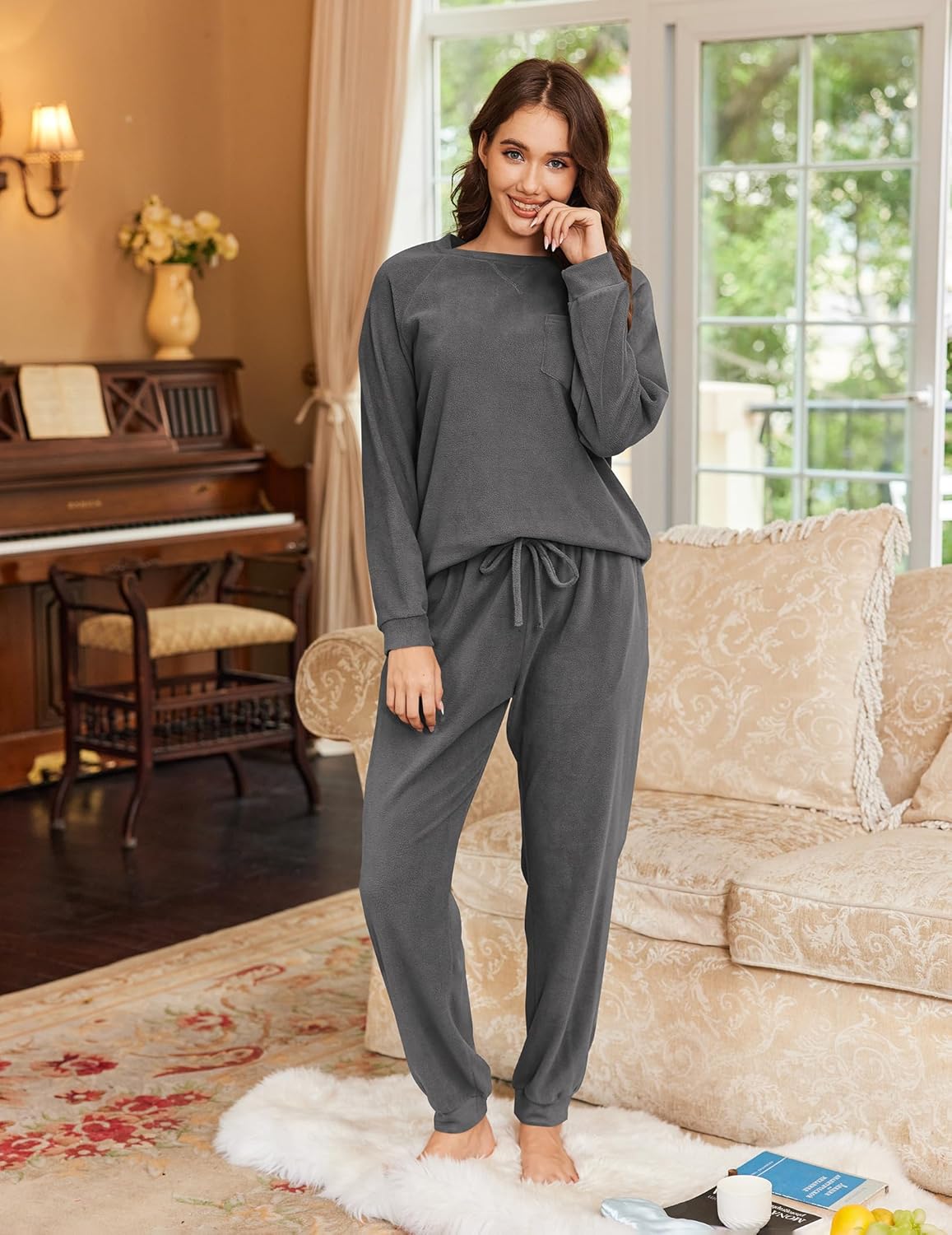 Dark gray fuzzy fleece pajama set with long-sleeve top and relaxed jogger pants