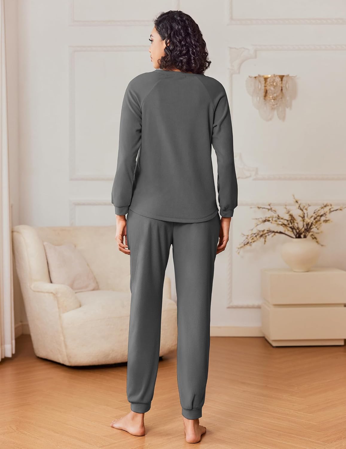 Dark gray pajama set, back view: long-sleeve top with matching tapered joggers