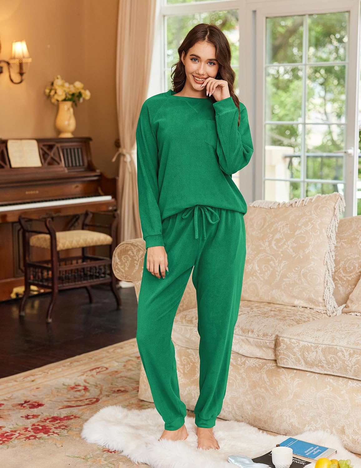 Green long-sleeve fleece pajama set with matching jogger pants, drawstring waist