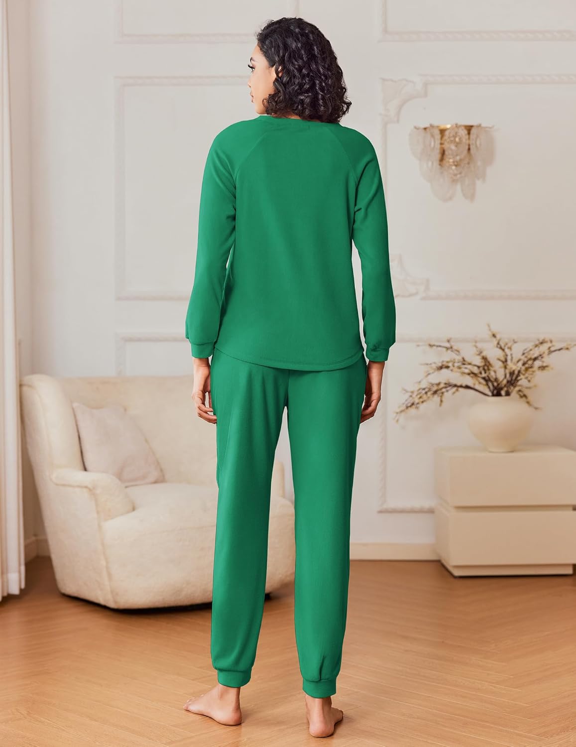 Green long-sleeve pajama set, back view with matching jogger pants and elastic cuffs