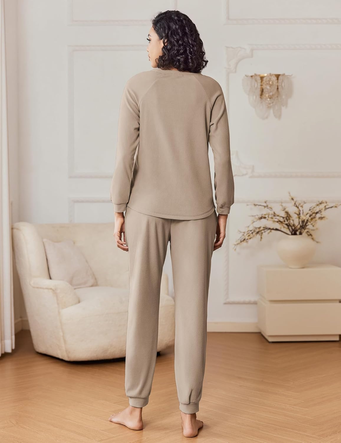 Khaki fuzzy fleece pajama set, long-sleeve top and jogger pants, back view