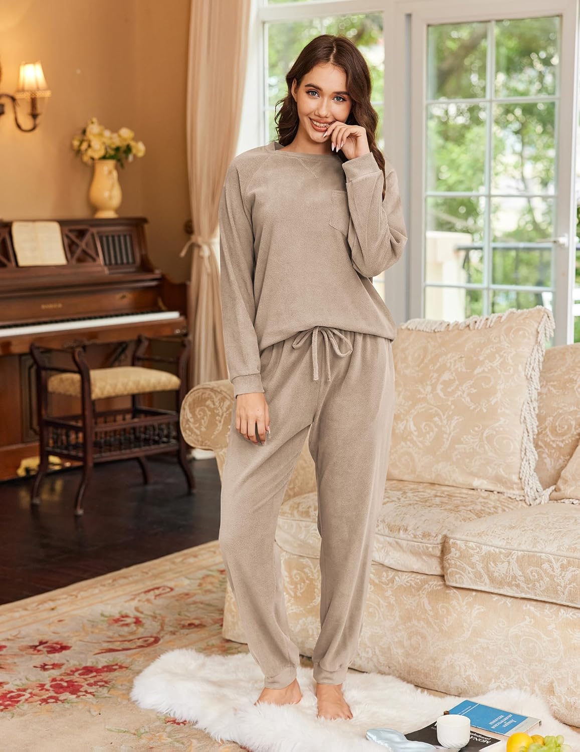 Fuzzy Fleece Pyjama-Set, khaki-beige, langarm und Joggerhose mit Kordelzug