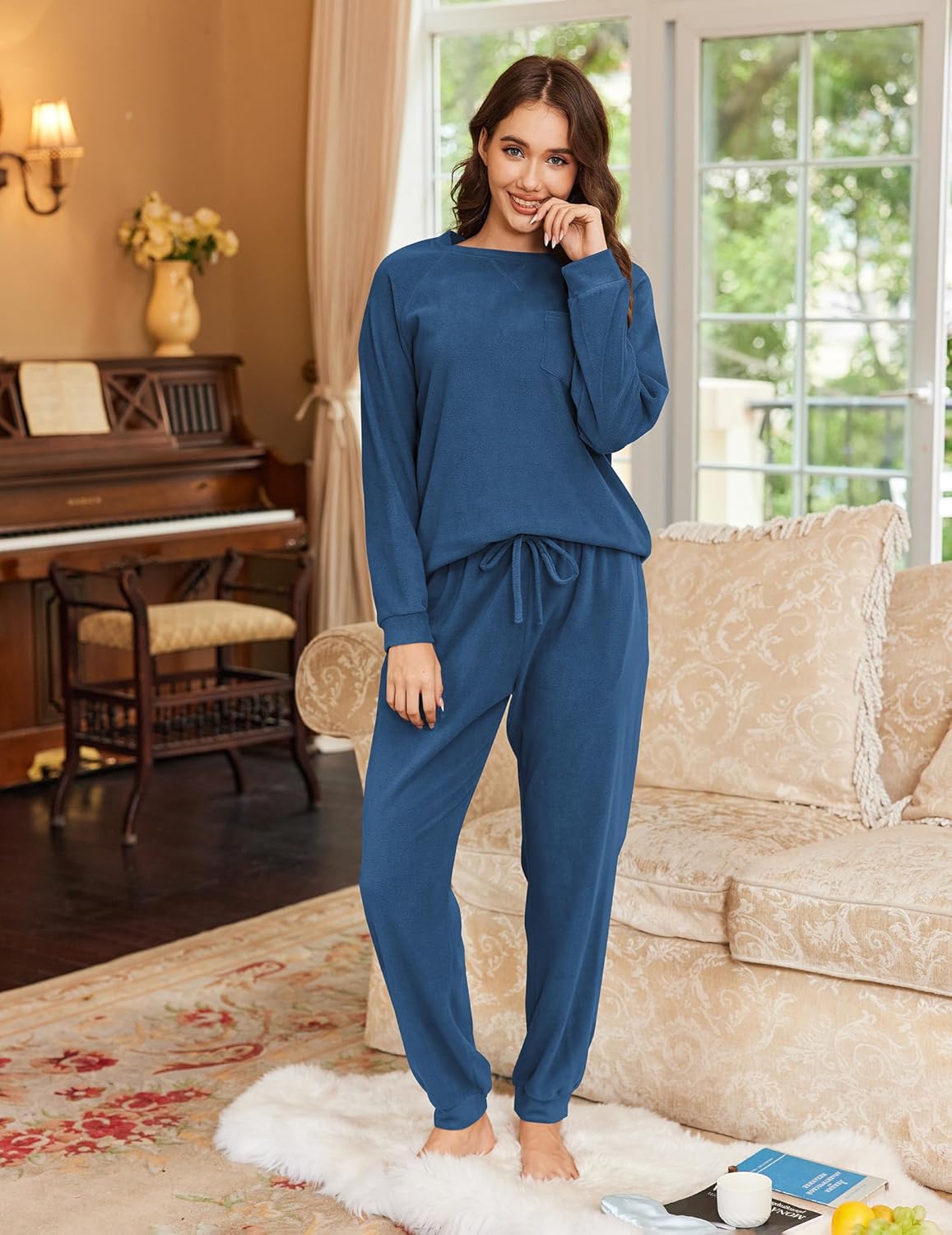 Deep blue fuzzy fleece pajama set, relaxed long sleeves and drawstring joggers