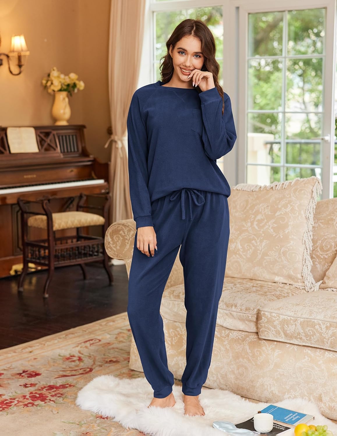 Navy blue fuzzy fleece pajama set: long-sleeve crew top and drawstring joggers