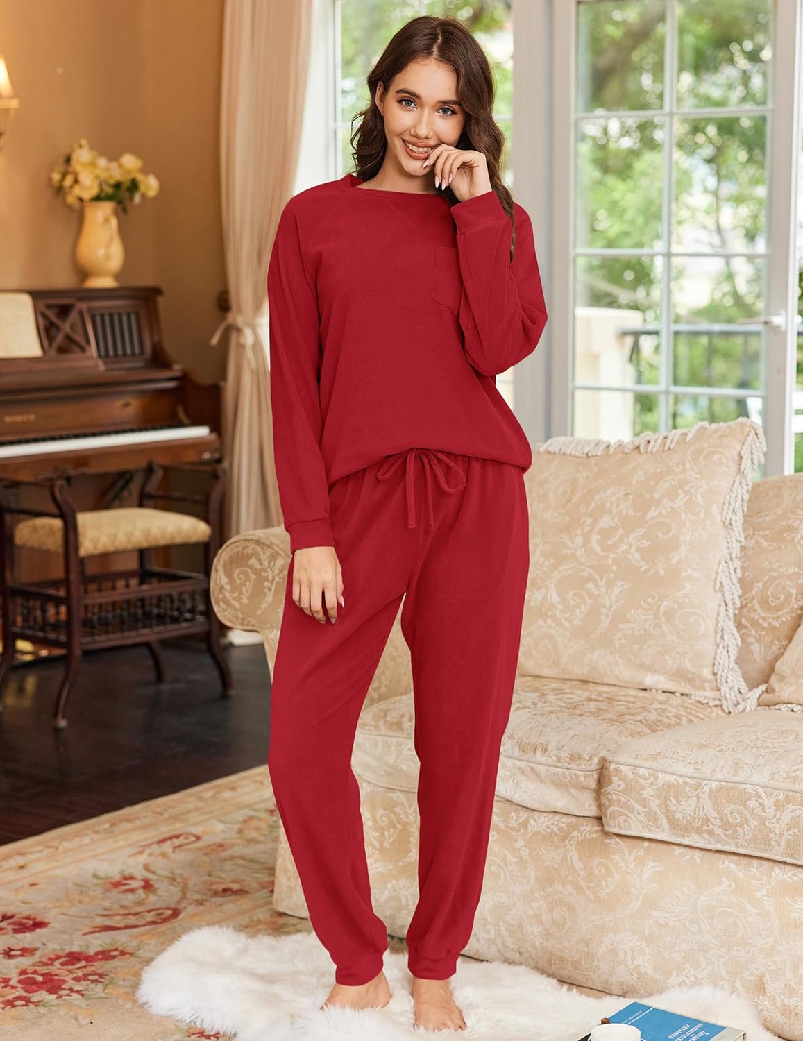 Fuzzy Fleece Pyjama-Set, langarmshirt und Joggerhose, weinrot