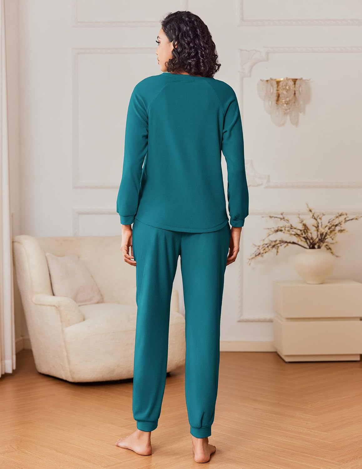 Teal fuzzy fleece pajama set: long-sleeve crew top with matching jogger pants