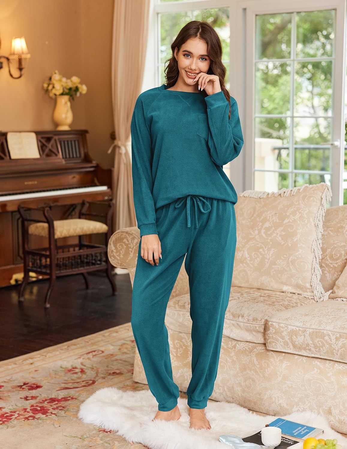 Teal fuzzy fleece pajama set, long-sleeve top and drawstring jogger pants, front