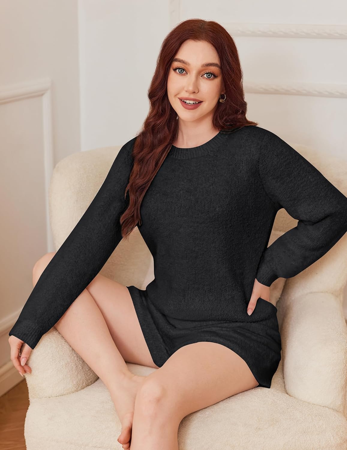 Black fuzzy fleece pajama set, long sleeves and curved hem top with shorts