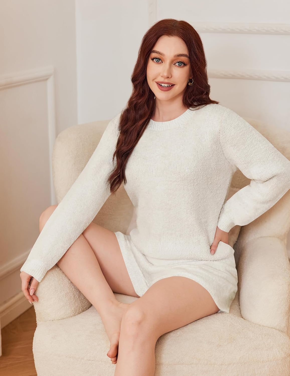 White fuzzy fleece 2-piece lounge set: long-sleeve top and matching shorts
