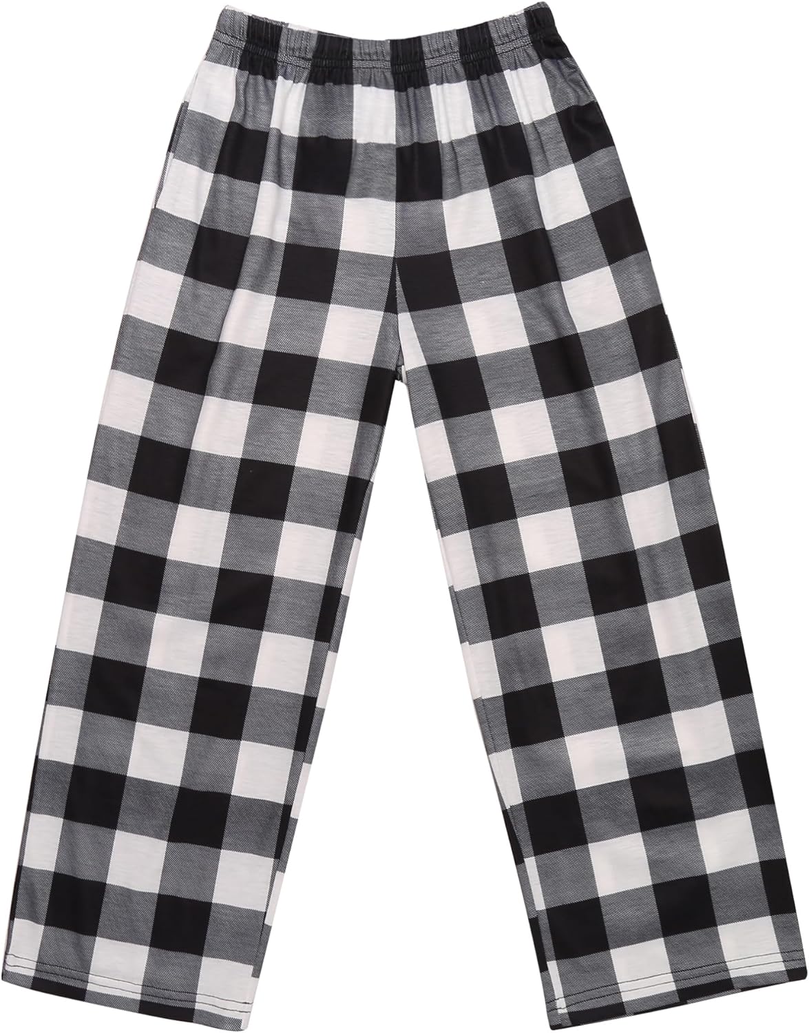 Black-and-white buffalo plaid pajama pants, elastic waist and roomy straight legs