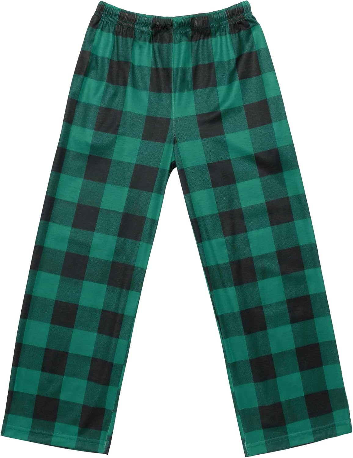 Green and dark plaid pajama pants with elastic waist and wide straight fit