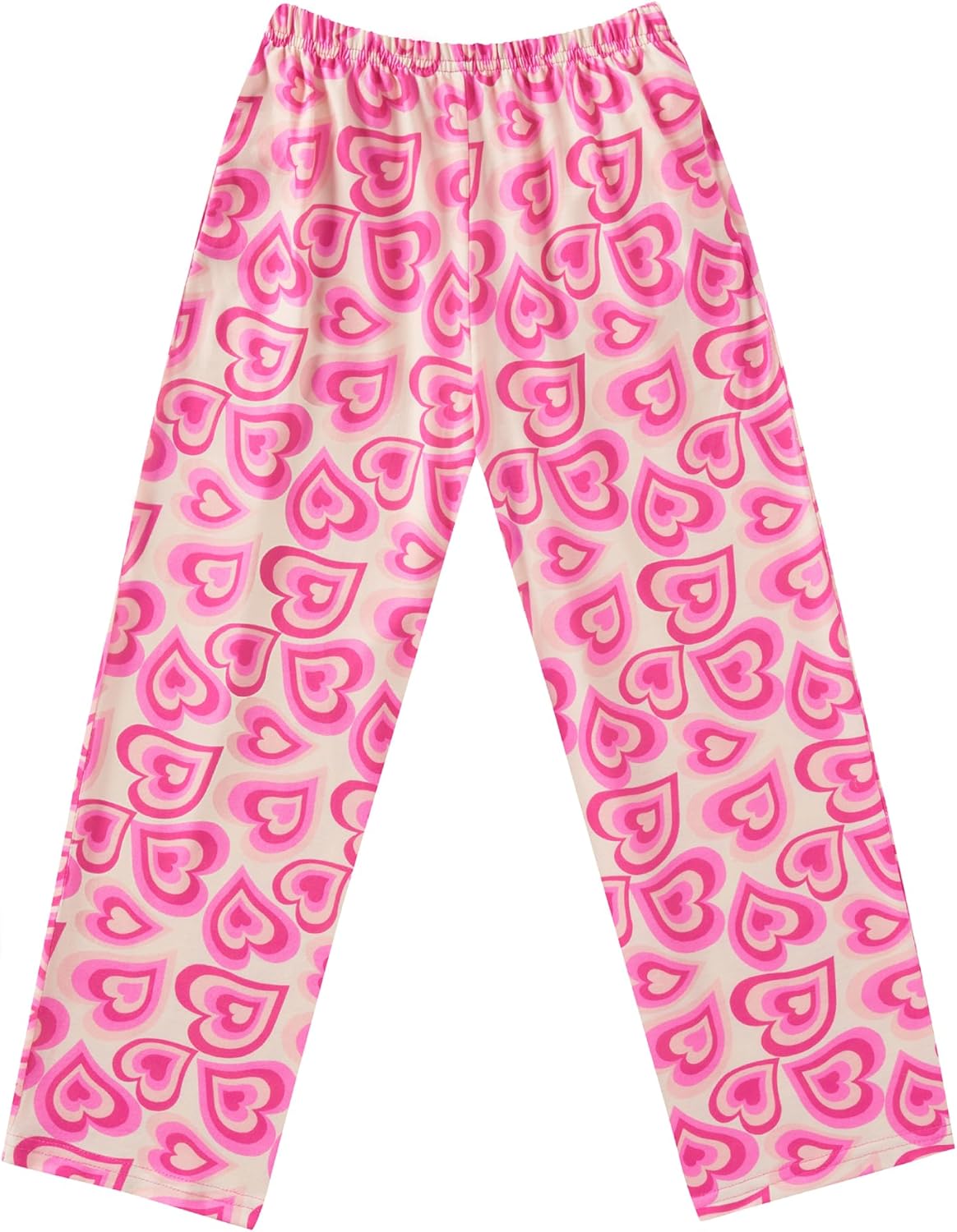 Girls soft pajama pants in bright pink with repeating patterned hearts and elastic waistband