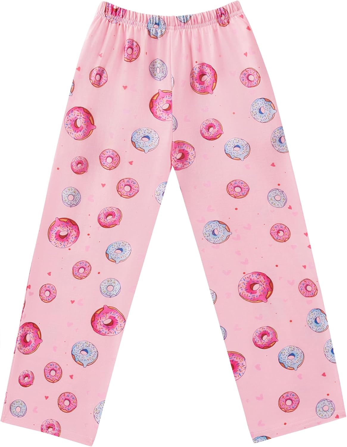 Girls soft pajama pants in light pink with colorful donut print and elastic waistband