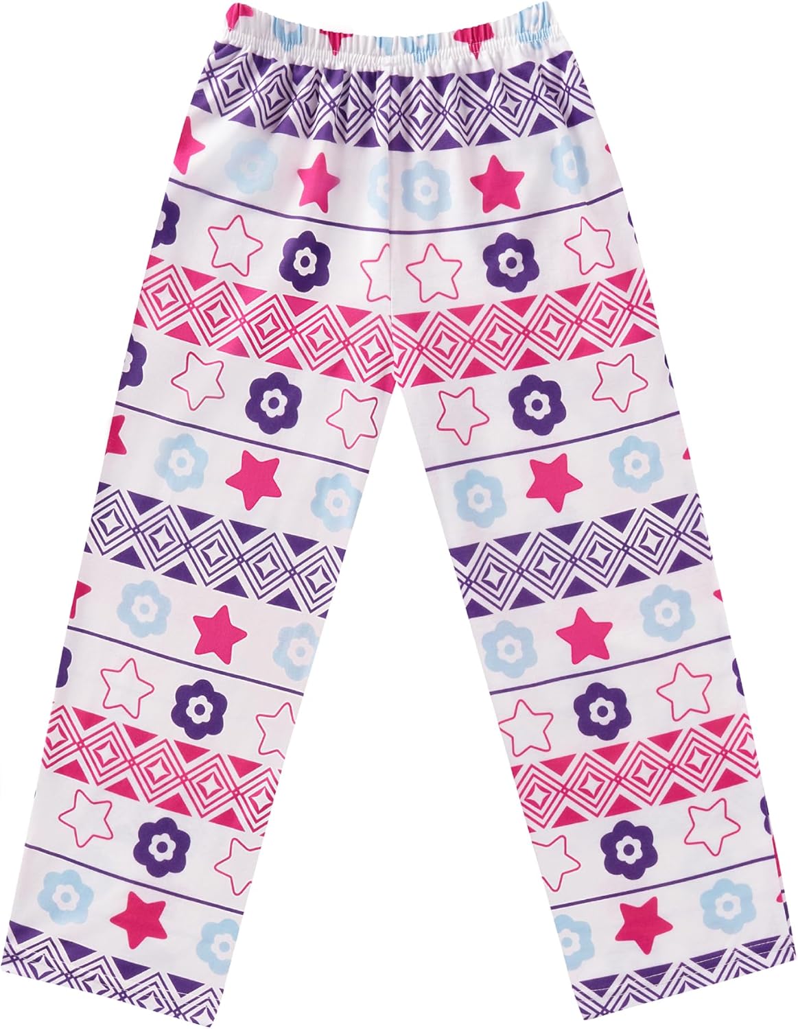 Girls soft pajama pants with stars and flowers print in white, purple, pink, and light blue