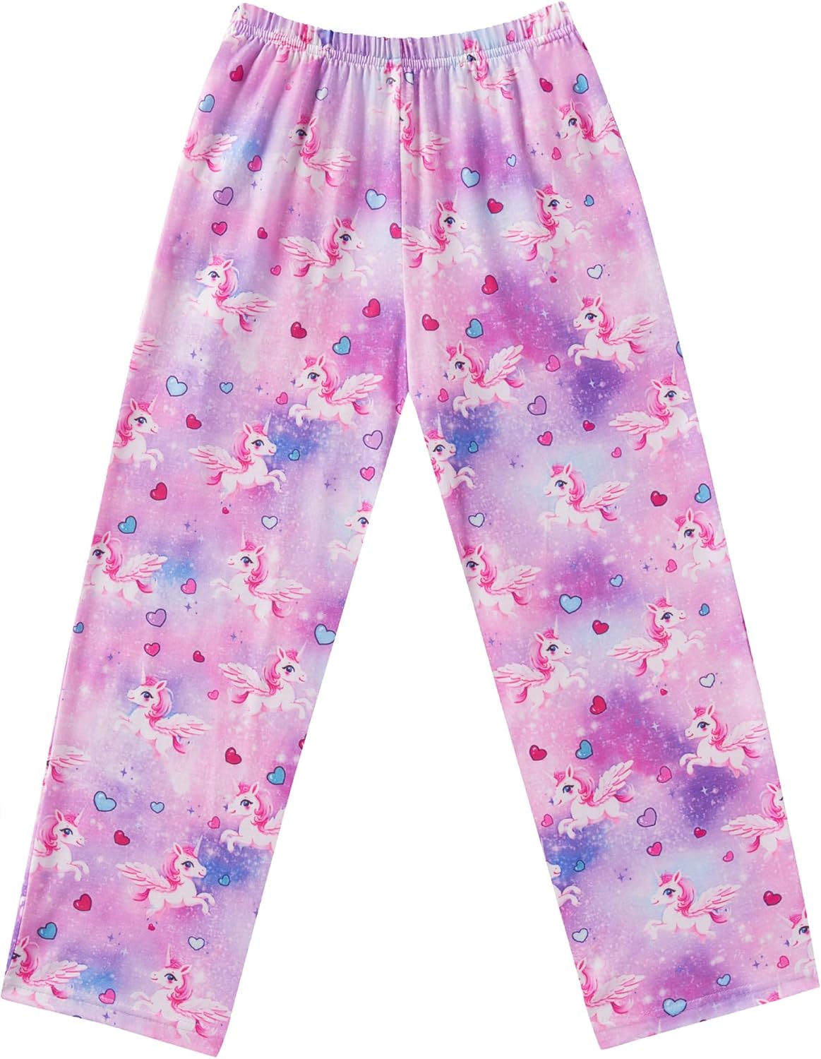 Girls soft pajama pants in pastel pink with unicorn print, hearts, and elastic waistband