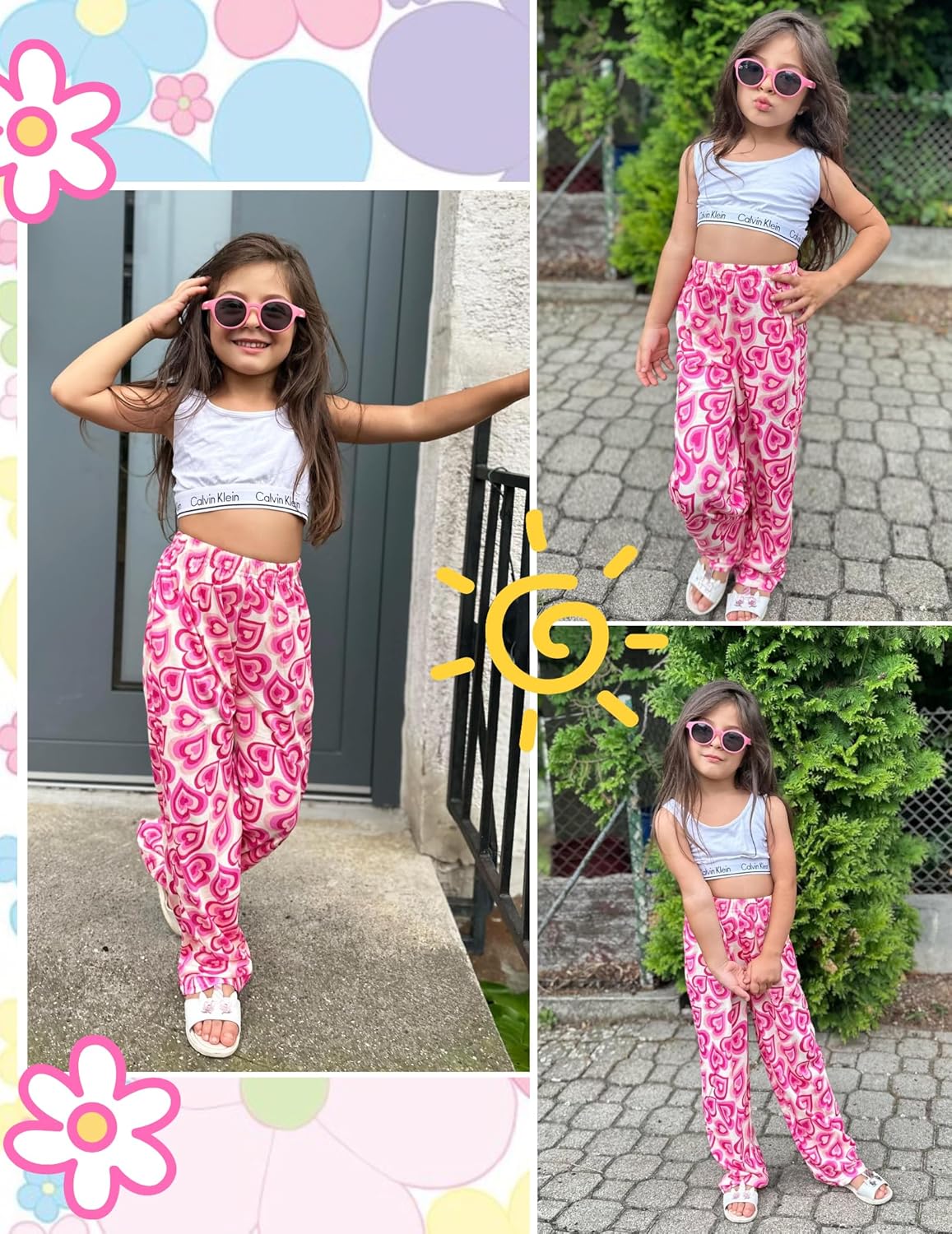 Girls soft pajama pants in pink with repeating bold patterned print and elastic waistband