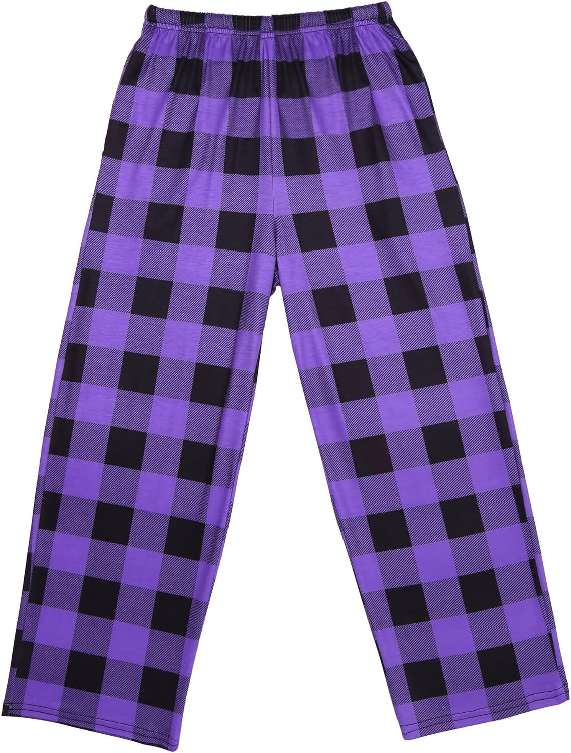 Girls soft pajama pants in purple and black buffalo plaid pattern with elastic waistband