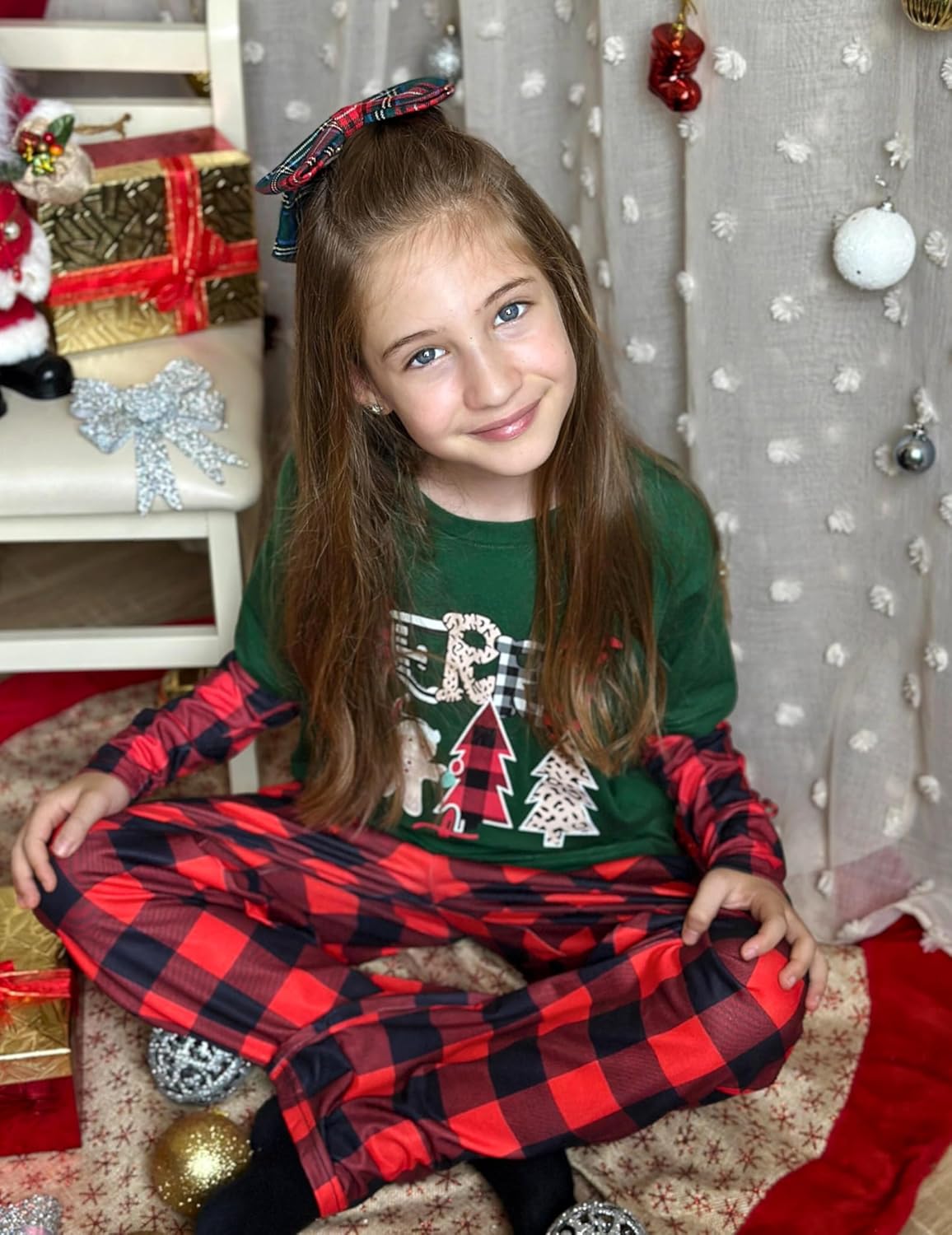 Girls’ red-and-black buffalo plaid pajama pants, elastic waist cuffs