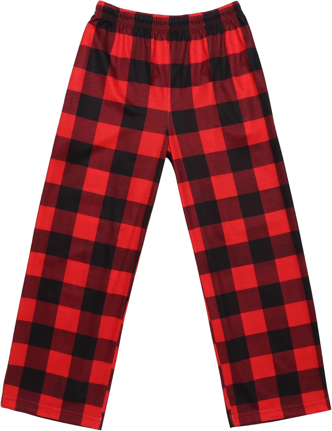 Girls soft pajama pants in red and black buffalo plaid pattern with elastic waistband