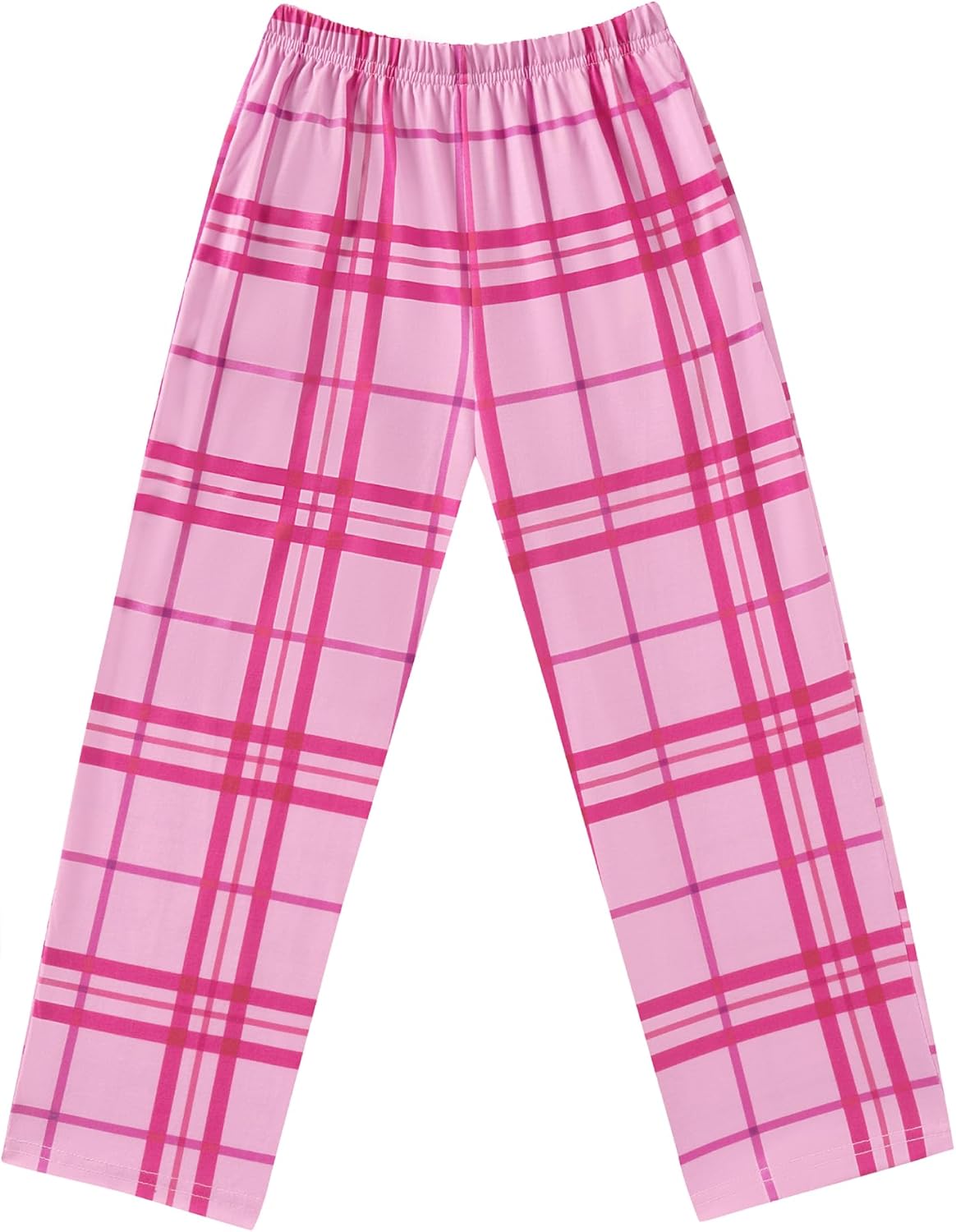 Girls soft pajama pants in pink with wide plaid grid pattern and elastic waistband
