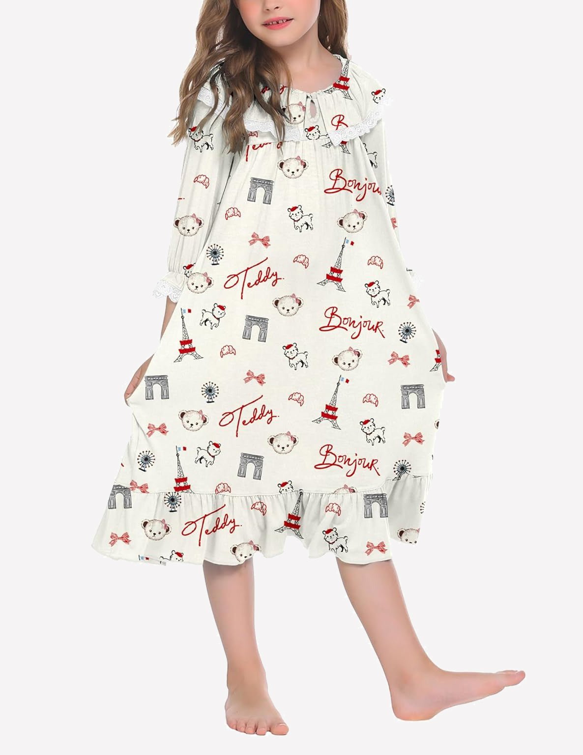 Girl’s white nightgown dress with teddy bear, Eiffel tower, and “Bonjour” print