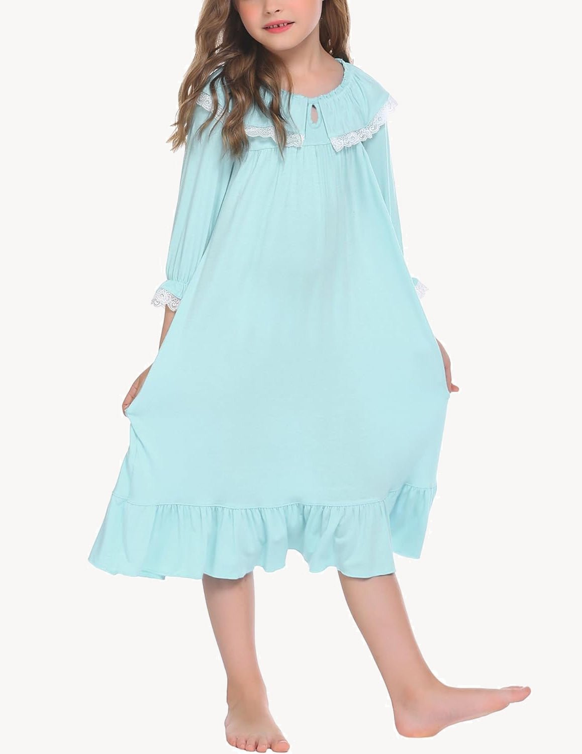 Girl’s aqua nightgown dress with lace collar and ruffled hem