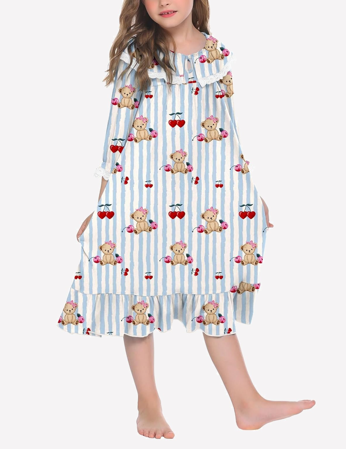 Girl’s striped nightgown dress in light blue with teddy bear print and lace trim