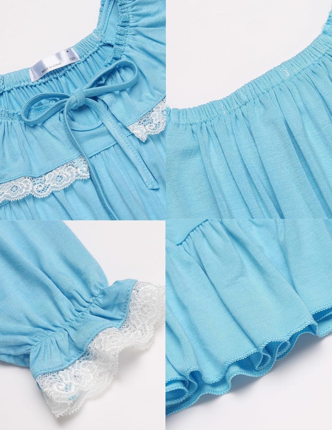 Girl's princess nightgown in light blue, lace-trim collar and bow tie at neckline