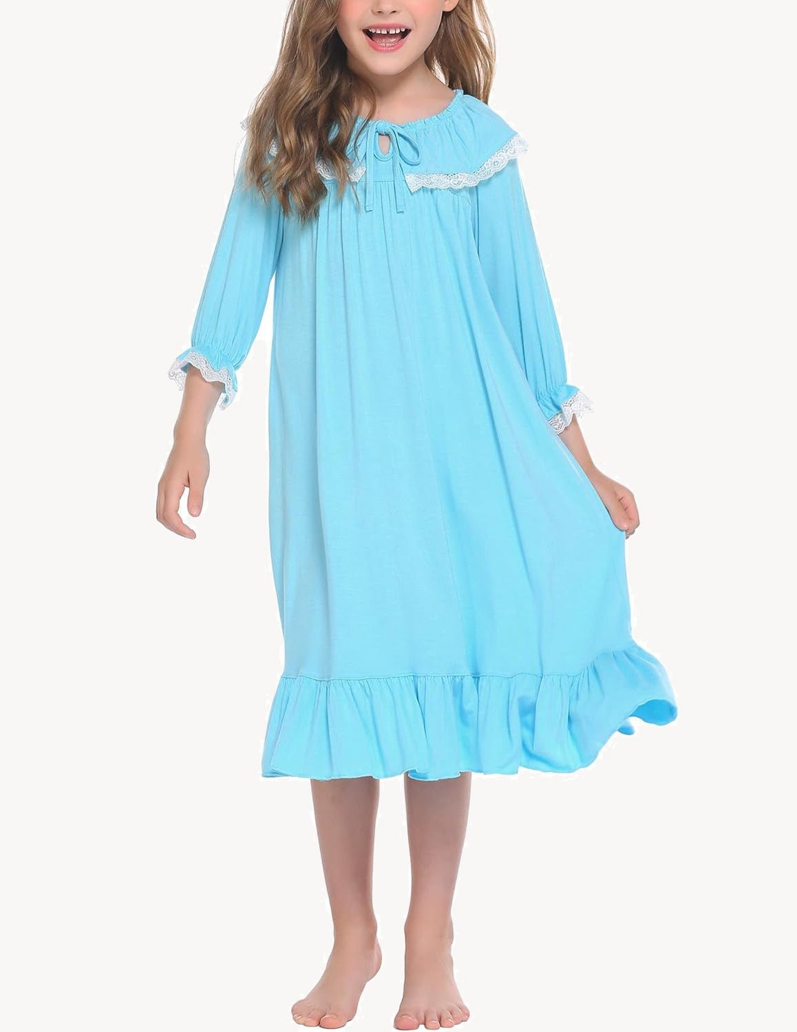 Girl’s light blue nightgown dress with lace-trim neckline and gathered ruffle hem