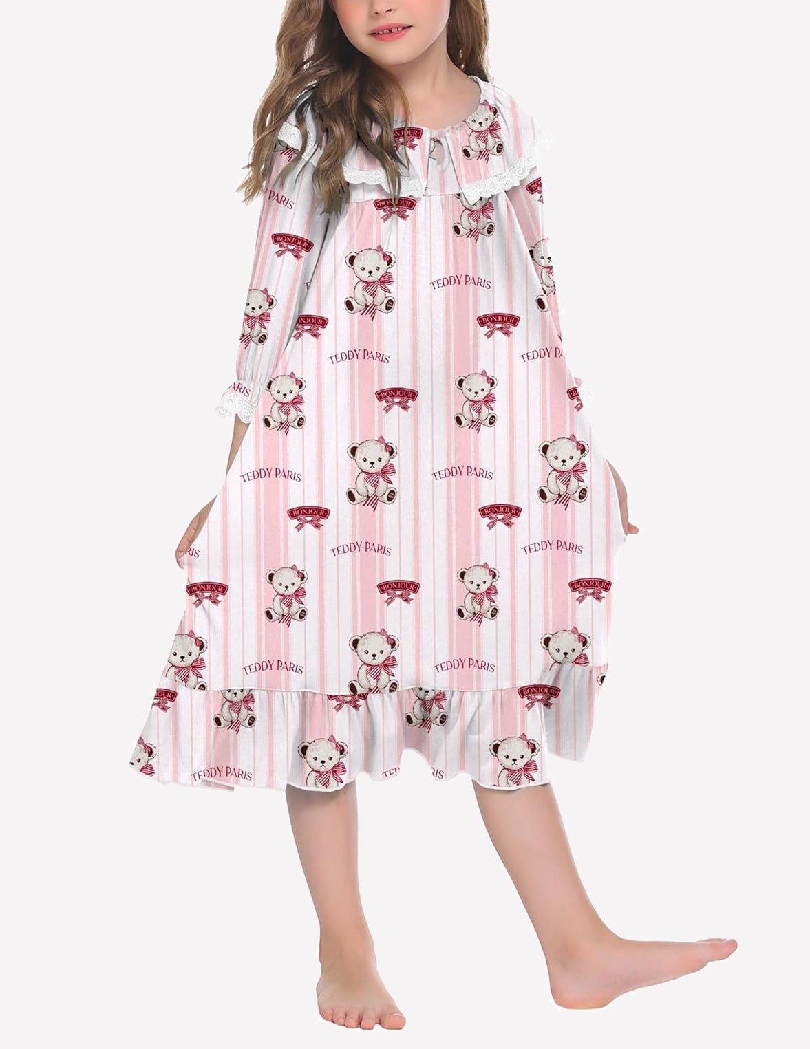 Girl’s nightgown dress in pale pink with teddy bear print and lace-trim collar